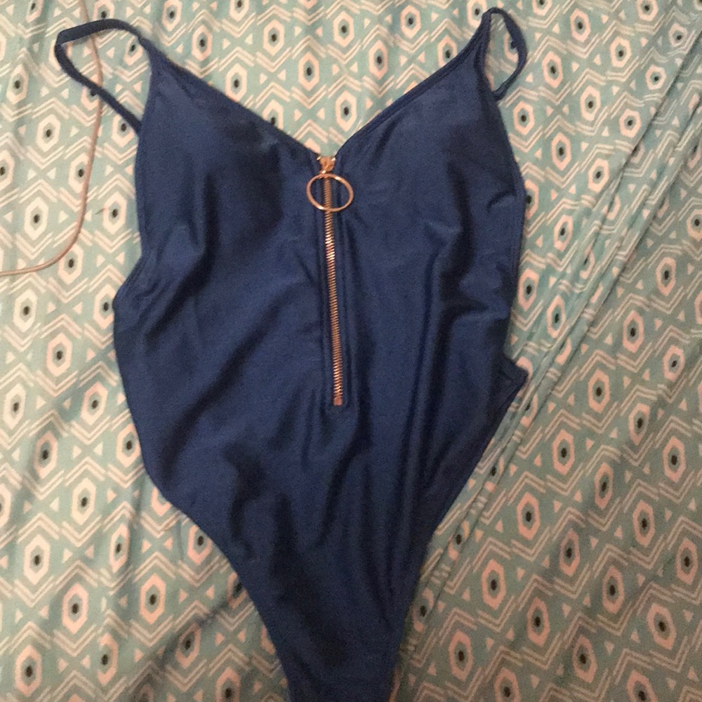 Blue zip high waisted one piece bathing suit